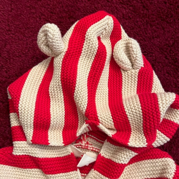 Baby Gap Red Stripe Hooded Cardigan Sweater Teddy Bear Ears 6-12 Months NWT - Picture 2 of 6